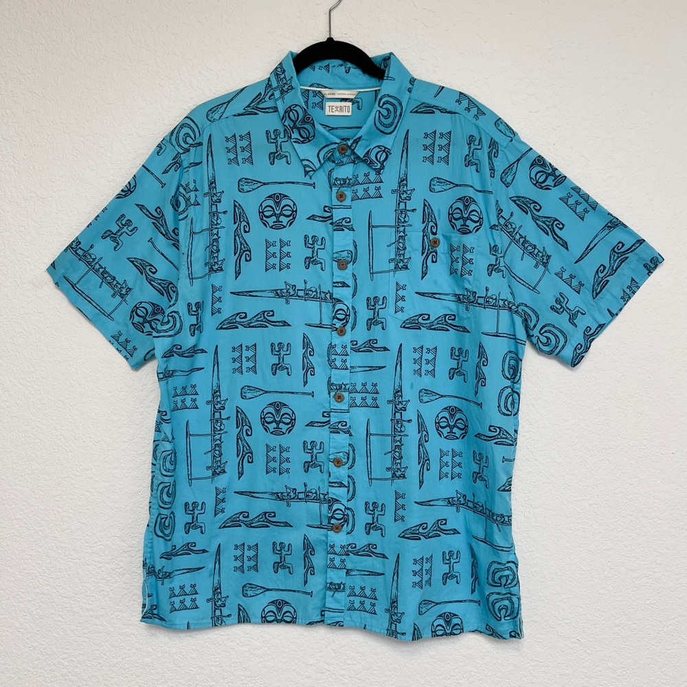 Texaito bright blue teal tribal print casual short sleeve shirt